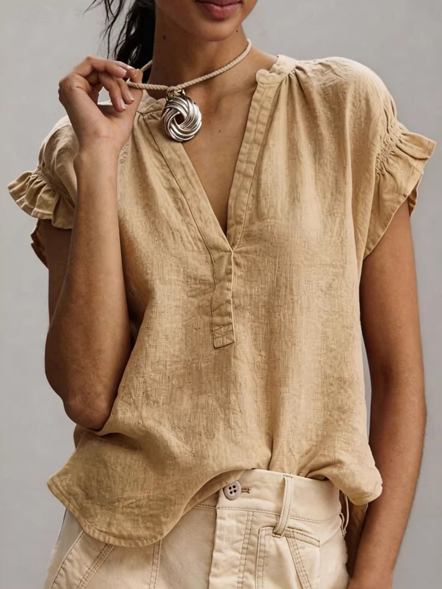 Dames Blouse Overhemd van imitatie linnen Ruche Effen Kleur Dagelijks Stijlvol Basic Korte mouw V-hals Normale tops Casual Dagelijks Wit Blozend Roze Groen Khaki Zomer Lente 2026 - $21.99 –P3