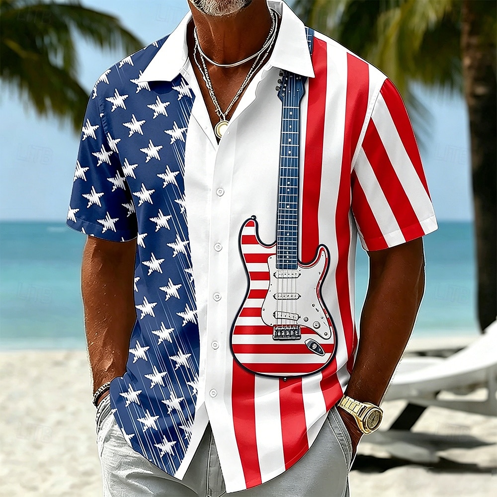 Koszula hawajska męska z gitarą i amerykańską flagą z okazji 250. rocznicy patriotyczna krótki rękaw z guzikami letnia wakacyjna plażowa 2026 - $25.99 –P2
