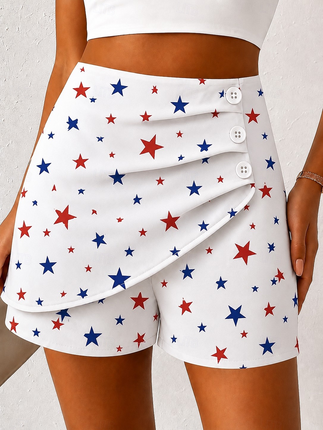 Pantalones cortos chinos para mujer del Día de la Independencia de Estados Unidos, estilo vintage, casuales, de cintura alta, con estampado de bandera estadounidense, plisados, en capas, inelásticos, 2026 - $19.99 –P3