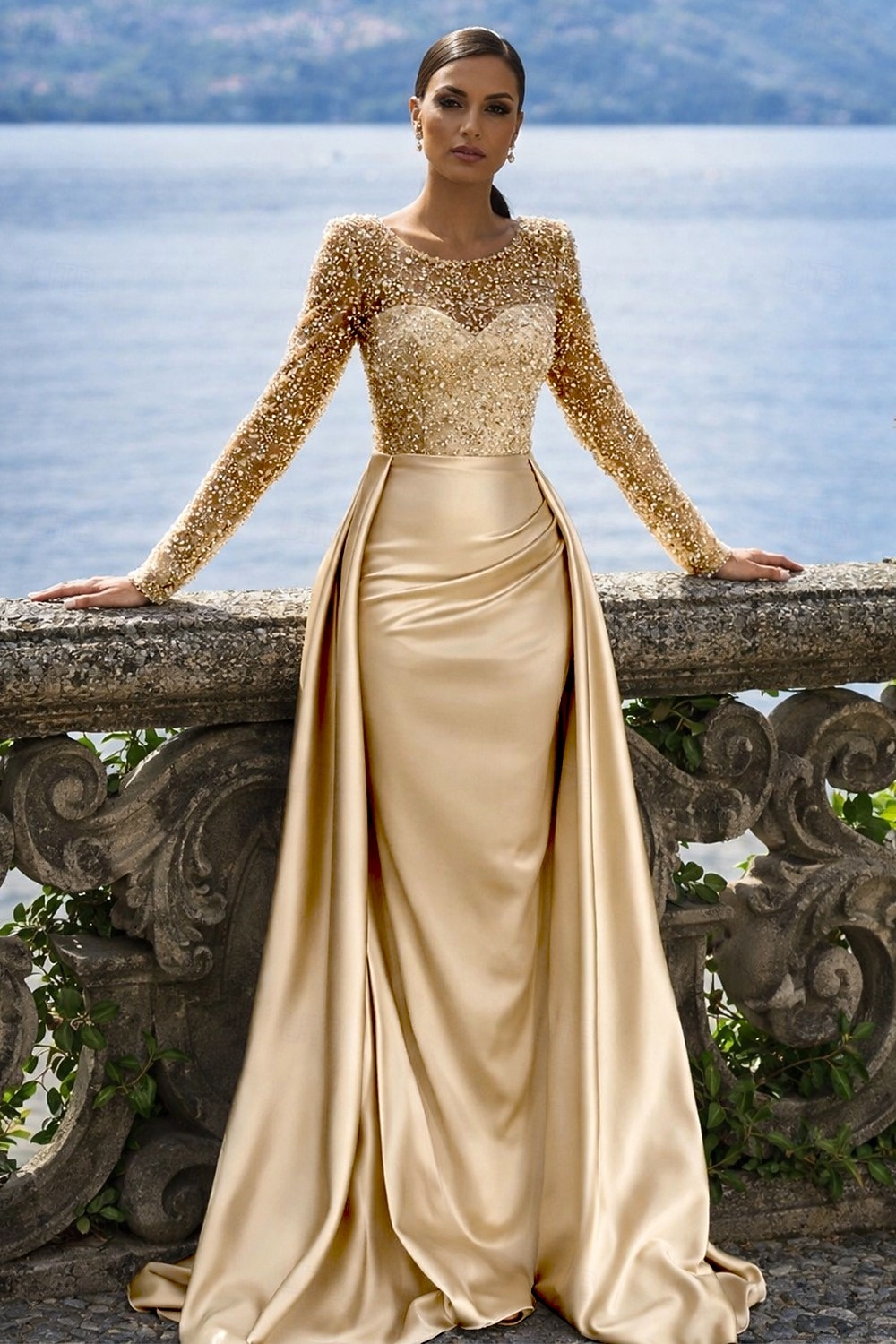 Sirena Tromba Lunghezza al pavimento Abito da Sera Elegante Brillare & Splendere Manica Lunga Scollo Illusione Carnevale Mascherata Abito Champagne per la Madre della Sposa Raso Con Paillettes con del 2026 a $183.99 –P1