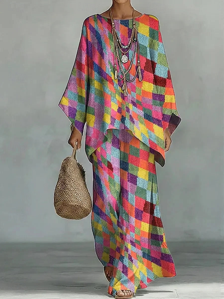 Women's Shirt Cotton Linen Sets Pants Sets Long Sleeve Bell Sleeve Round Neck Ombre Graphic Geometric Print Vacation Fashion Streetwear Casual Daily Outdoor Blue Rainbow Summer Loose Fit 2026 - $57.99 –P2
