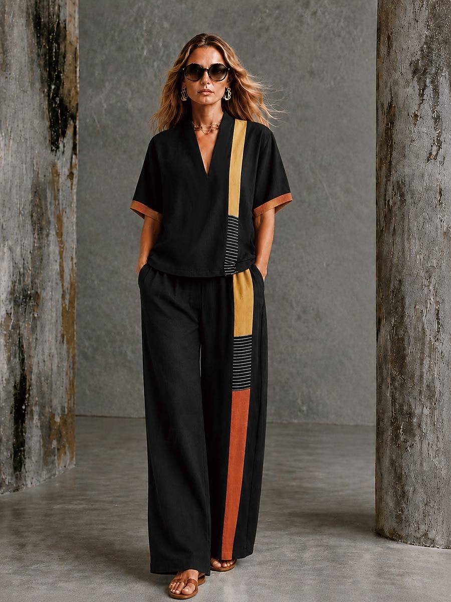 Damskie Koszula Komplety lniane bawełniane Zestawy spodni Krótki rękaw W serek Kwiaty Graficzny Geometryczny Nadruk Urlop Moda Moda miejska Codzienny Na zewnątrz Plaża Czarny Wiosna i lato Luźna 2026 - $55.99 –P2