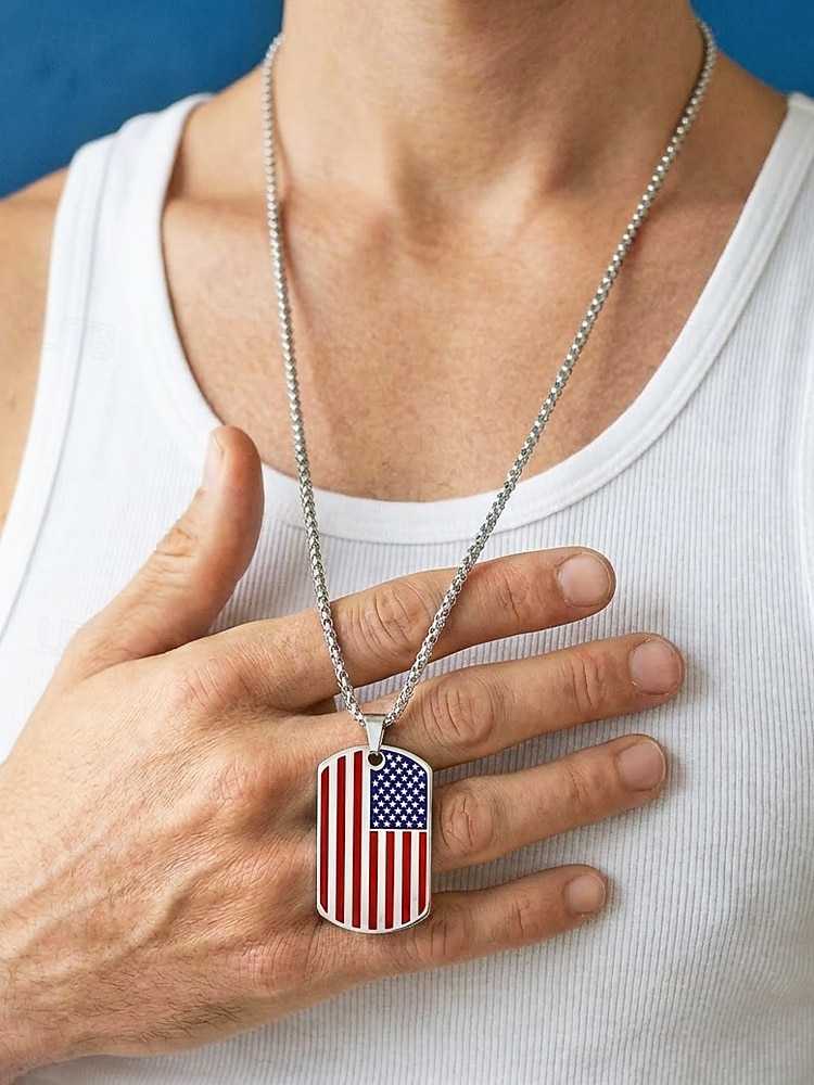 Herrekjede med USA-flagg i rustfritt stål - patriotisk militæranheng i flere farger til amerikansk 250-årsjubileum, uavhengighetsdagen og utendørssport &veteran gift 2026 - $11.99 –P1