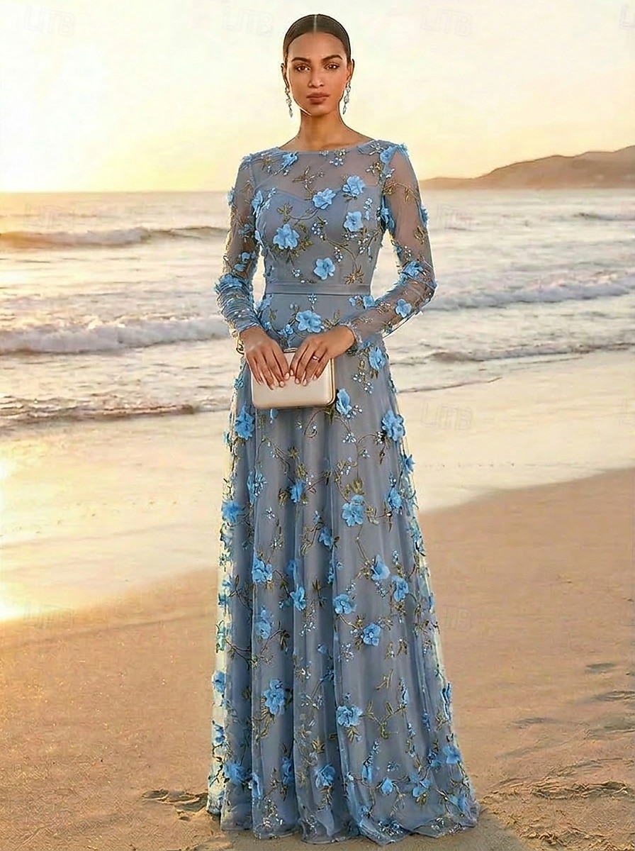 Linia -A Rochii Lungime Podea Rochie de petrecere Rochie Mama Miresei Manșon Lung Stil Nautic Iluzii Elegant Epocă Luxos Oficial Invitat la nunta Kentucky Derby Dantelă Tulle cu Flori 3D Broderie 2026 - $171.99 –P3