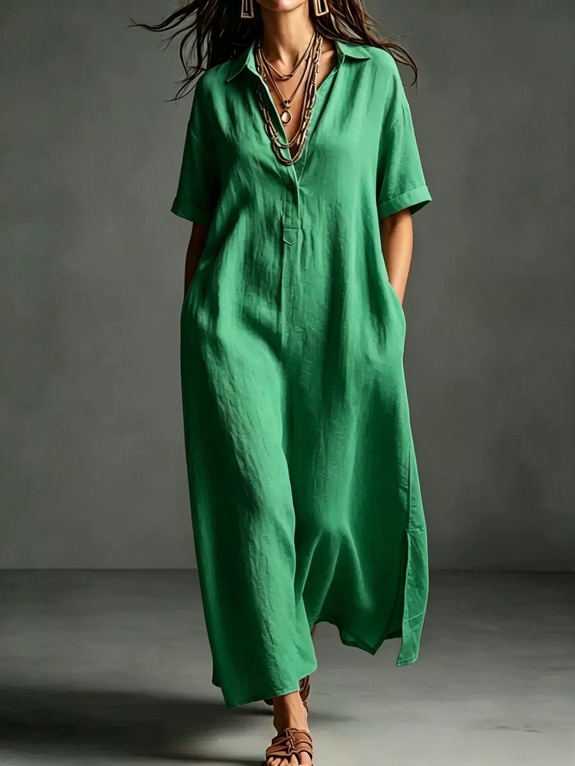 Women's Maxi long Dress Linen Dresses Elegant Vacation Loose Fit Plain Short Sleeve Shirt Collar Summer 2026 - $33.99 –P12
