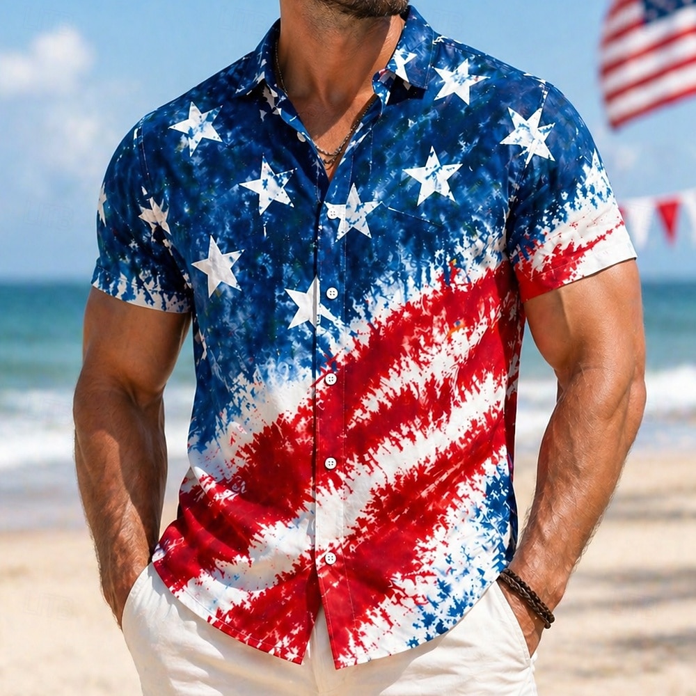 Herr 4 juli USA:s 250-årsjubileum Amerikanska flaggan Skjorta Sommarskjorta Knapp upp skjorta Kortärmad Patriotisk Utomhus Helgdag Sommar Vår Nedvikt 3D-utskrift krage skjortor Blå Rubinrött Mörkblå 2026 - $25.99 –P1