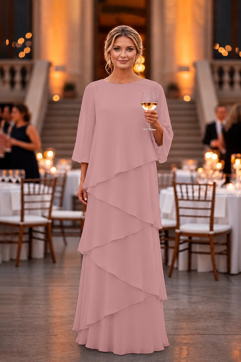 Funda Columna Hasta el Suelo Vestido Invitada Boda Vestido formal Vestido de noche Vestido de Madrina Manga 3/4 Cuello Barco Elegante Formal Gasa con Volantes 2026 - $172.99 –P8