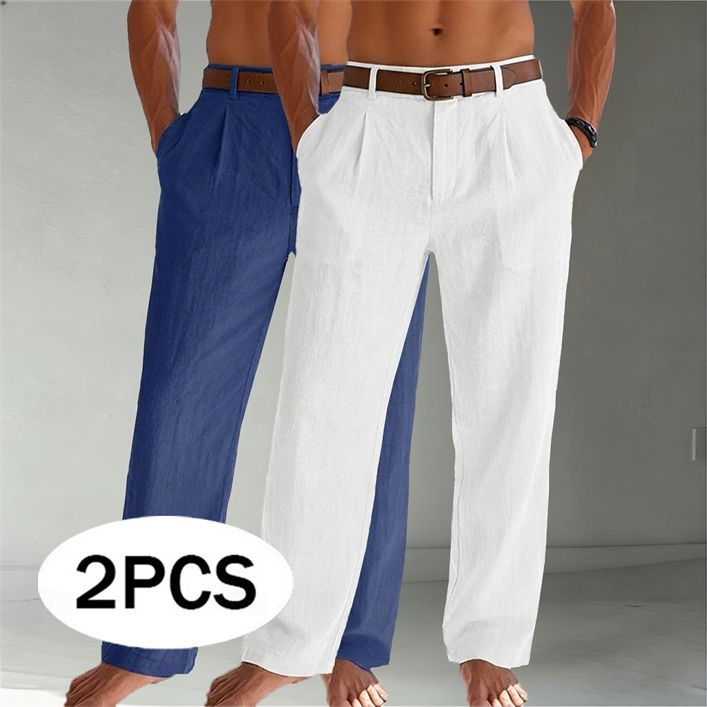 Homens Calças de linho Calças Calça verão Calças largas Calças de praia Bolsos Tecido Conforto Respirável Comprimento total Casual Diário Ao ar livre Moda Negócio Bege + preto Branco+Azul Marinho Sem de 2026 por $45.99 –P1