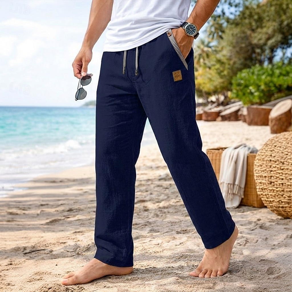 Men's Linen Pants Trousers Summer Pants Baggy Pants Drawstring Elastic Waist Straight Leg Plain Comfort Breathable Full Length Casual Daily Beach Vacation Fashion Blue Black Inelastic 2026 - $33.99 –P13