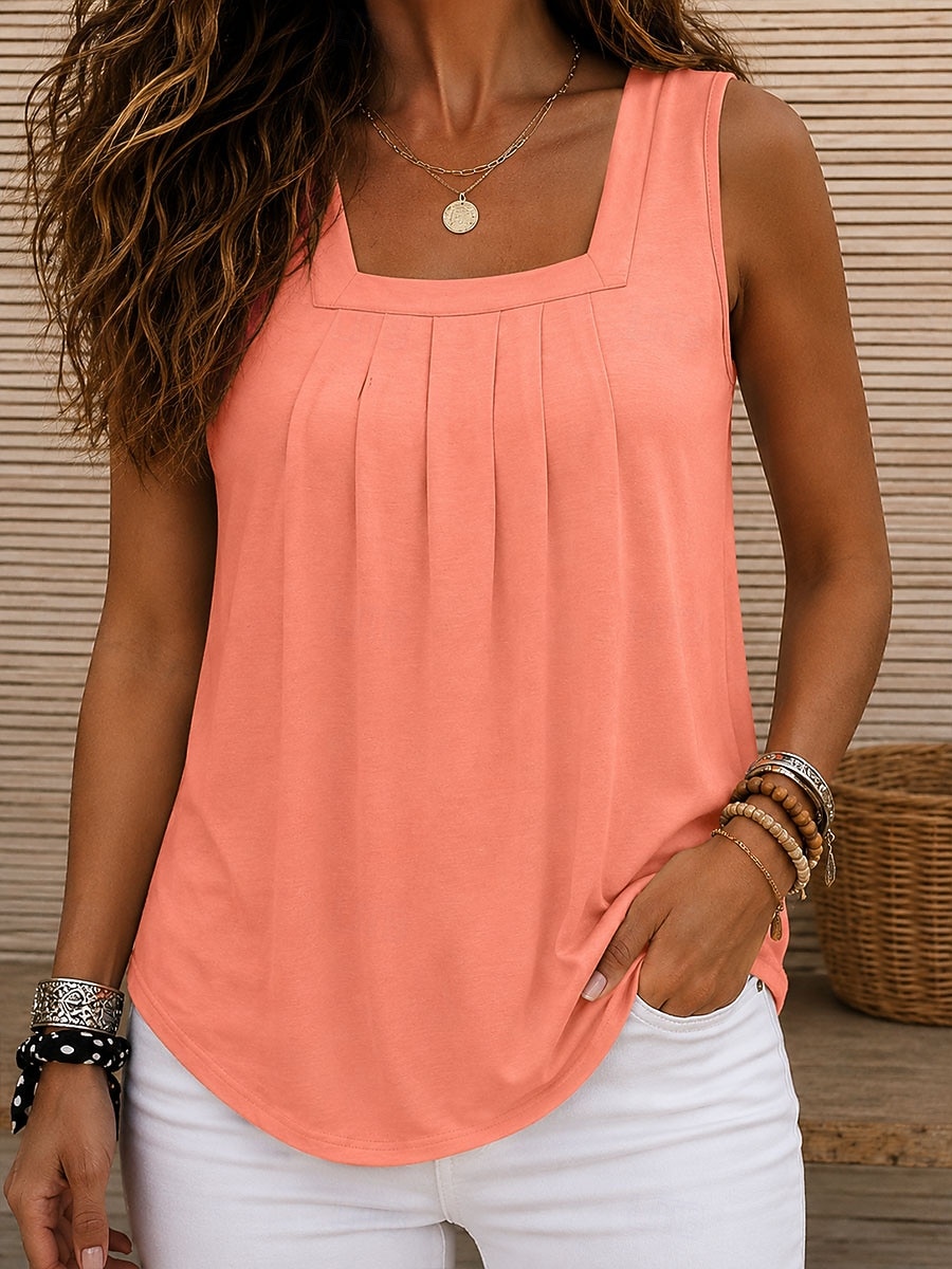 Mujer Tanque Color sólido Vintage Elegante Básico Sin Mangas Escote Cuadrado Tops regulares Casual Diario Azul Piscina Blanco Naranja Verde Trébol Gris Verano Primavera 2026 - $21.99 –P1