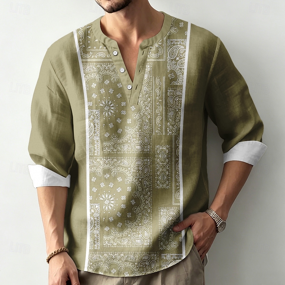 Men's Paisley Ethnic Intricate Floral Shirt Henley Shirt Tunic Shirts Long Sleeve Vintage Retro Daily Beach Vacation Wear Summer Spring V Neck Button Up 3D Print Linen Like Shirt Blue Purple Green 2026 - $27.99 –P3