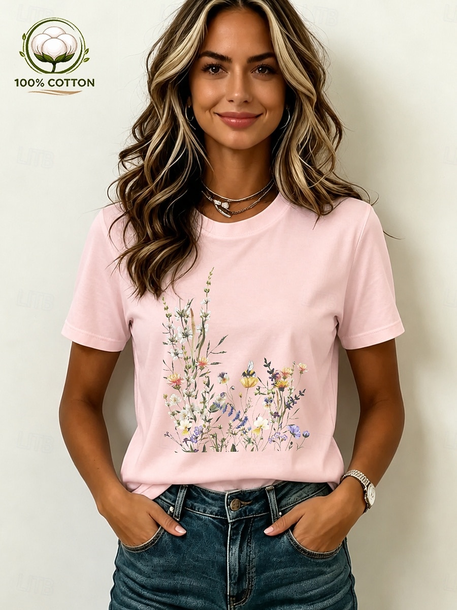 Women's 100% Cotton T Shirt Print Floral Graphic Vintage Stylish Casual Short Sleeve Crew Neck Regular Tops Casual Daily Weekend Light Beige Black White Pink Summer Spring 2026 - $21.99 –P1
