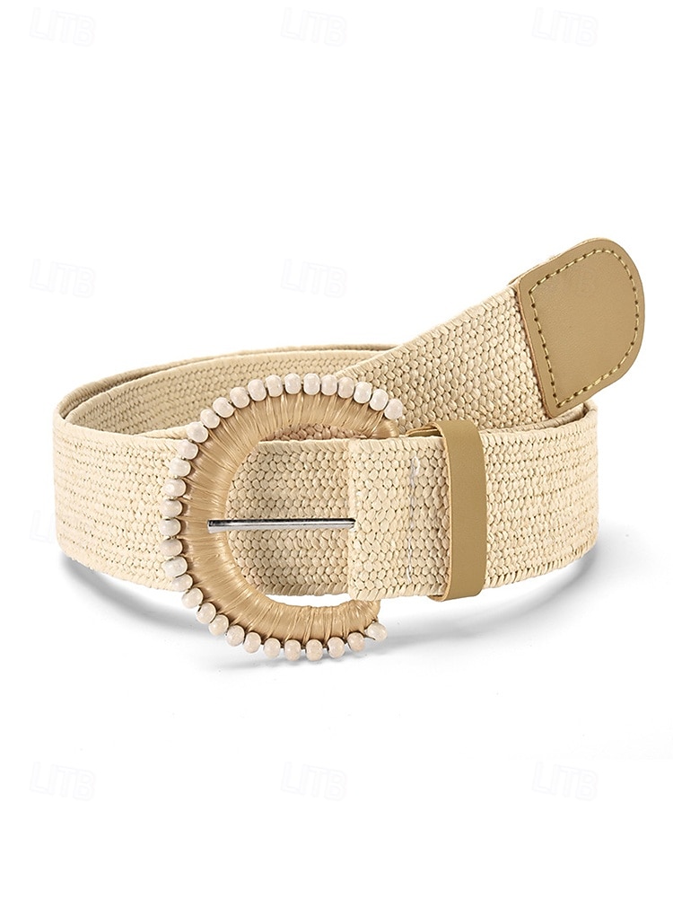 Women's Boho Straw Woven Belt, Wide Raffia Waist Belt with Beaded Buckle, Casual Cinch Belt for Summer Beach Vacation & Daily Wear, Khaki/Beige 2026 - $11.99 –P4