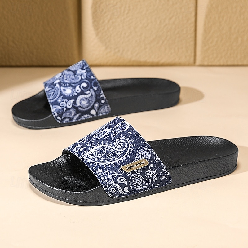 Sandalias planas azules con estampado paisley para hombre, puntera abierta, ligeras y cómodas, ideales para vacaciones en la playa, en el resort, para el ocio junto a la piscina y para relajarse a diario. 2026 - $26.99 –P2