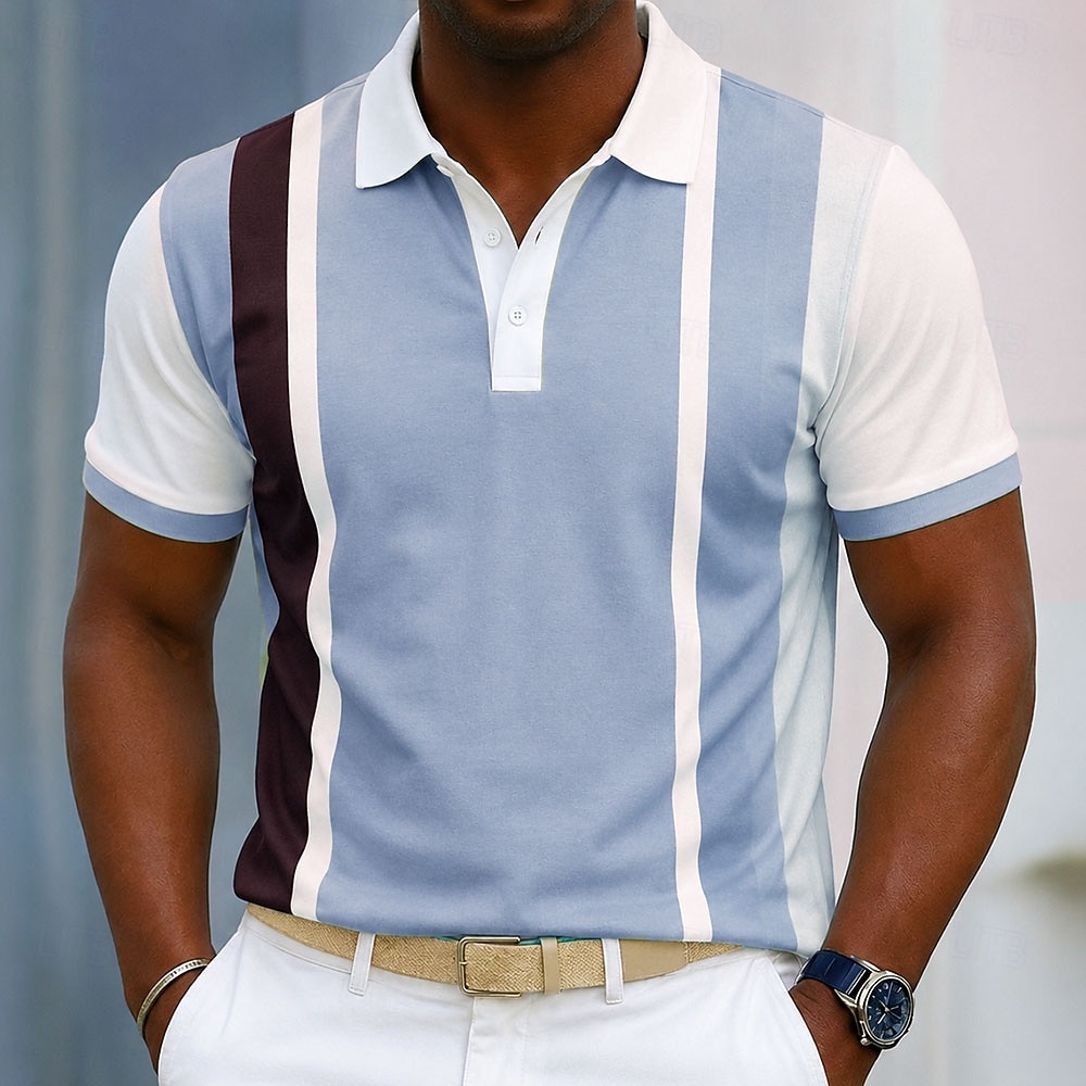 Homens Tiras verticais Linha Camisas Polo Manga Curta Camisas polo Camisas de colarinho Casual Roupa Esportiva Impressão 3D Botões Malha Respirável Primavera Verão Azul Roxo Marron de 2026 por $22.99 –P3