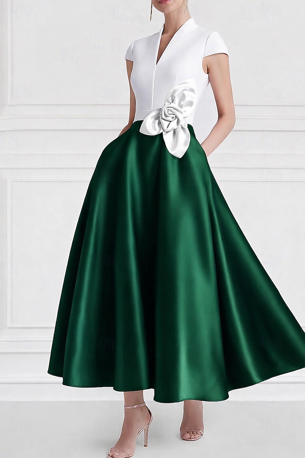A-Linie Tee-Länge Cocktailkleider Partykleider Elegant Farbblock seidig Kurzarm V Ausschnitt Hochzeit Formell Tasche Satin mit Tasche 2026 - $172.99 –P16
