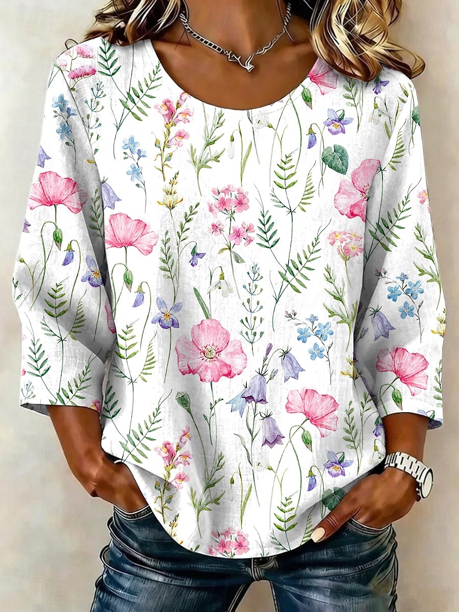 Femmes Chemises effet lin Chemisier Imprimé Fleuri Graphique Bohème ancien Tropical Manche 3/4 Col ras du cou Hauts Réguliers Occasionnel Quotidien Vêtements de vacances Vert herbe Rose Claire Violet de 2026 ? $28.99 –P6