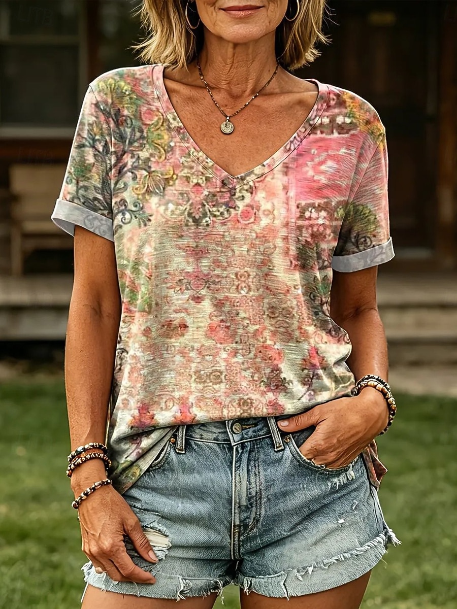Damen T Shirt Druck Blumen Grafik Stilvoll Klassisch Lässig Kurzarm V Ausschnitt Normale Oberteile Lässig Täglich Blau Rosa Sommer Frühling 2026 - $21.99 –P2