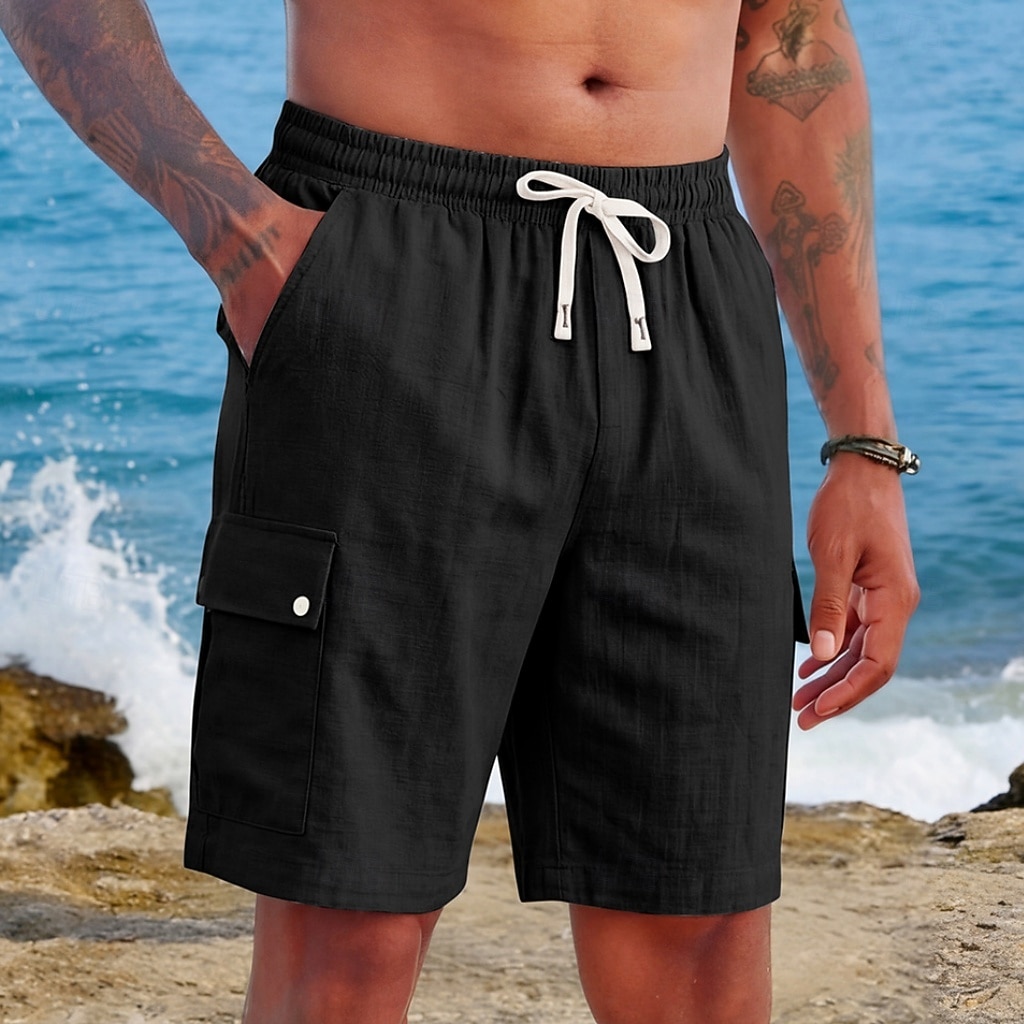 Men's Shorts Linen Shorts Summer Shorts Beach Shorts Drawstring Elastic Waist Multi Pocket Plain Comfort Soft Knee Length Daily Outdoor Beach Vacation Fashion Khaki Black Inelastic 2026 - $25.99 –P9