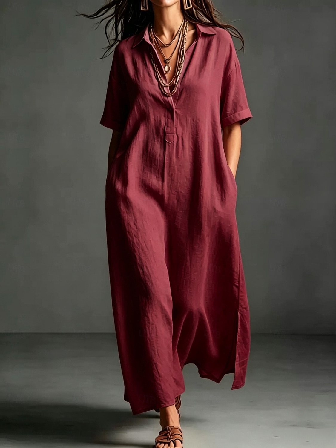 Women's Maxi long Dress Linen Dresses Elegant Vacation Loose Fit Plain Short Sleeve Shirt Collar Summer 2026 - $33.99 –P9