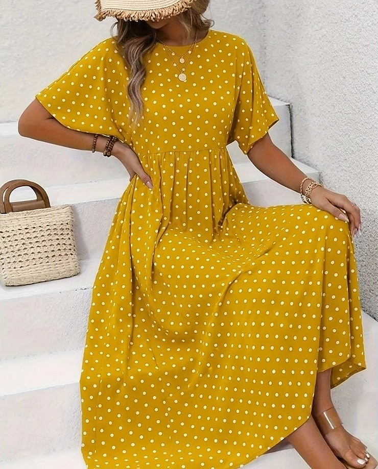 Damen Midikleid Freizeitkleid T-Shirt-Kleid A Linie Kleid Elegant Mode Modern Outdoor Urlaub Ausgehen Normale Passform Tupfen Kurzarm Rundhalsausschnitt Blau Gelb Rosa Grün Sommer Frühling 2026 - $7.99 –P4