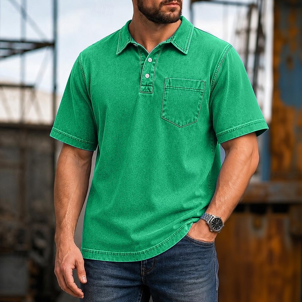 SoftFade™ Men's Polo Shirts 100% Cotton Acid Wash Shirt Casual Holiday Lapel Short Sleeve Fashion Basic Plain Pocket Distressed Summer Spring All Seasons Dark Brown Black Light Green Pink Navy Blue 2026 - $33.99 –P11