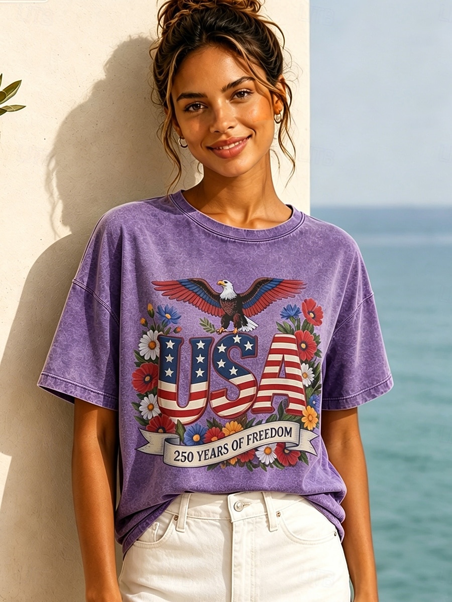 Amerikaanse onafhankelijkheidsdag Dames 100% Katoen T-shirt Vintage gewassen tops Afdrukken Grafisch Brief Vintage Modieus Stijlvol Korte mouw Strakke ronde hals Normale tops Casual Dagelijks blauw 2026 - $33.99 –P2