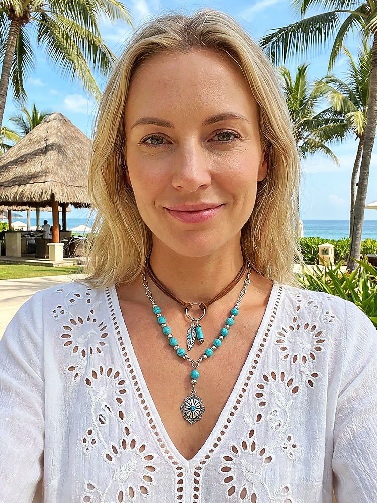 collana da donna bohémien a strati con perline turchesi, catena d'argento e piuma &Ciondolo a forma di fiore, cinturino in finta pelle scamosciata, casual e da vacanza del 2026 a $11.99 –P1