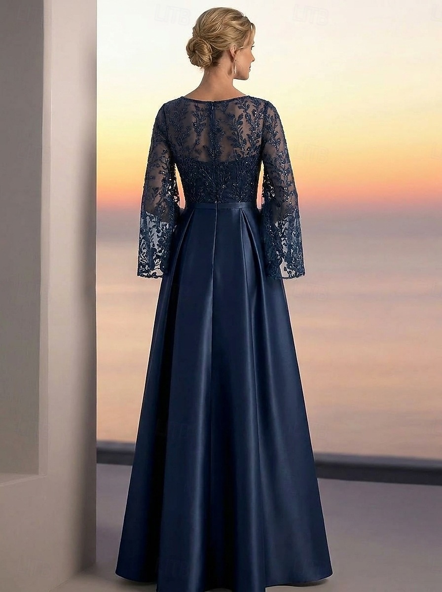 A-Line Floor Length Evening Gown Elegant Glittering Floral Short Sleeve Crew Neck Evening Party Wedding Pocket Satin Lace with Pleats Beaded Eembroidered 2026 - $171.99 –P3