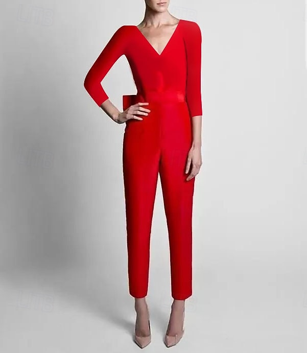Dos Piezas Mono Hasta el Suelo Desmontable Vestidos de noche Elegante Manga Larga Escote en Pico Boda Invitado a la boda Bolsillo Tejido elástico con Mariposa 2026 - $160.99 –P6