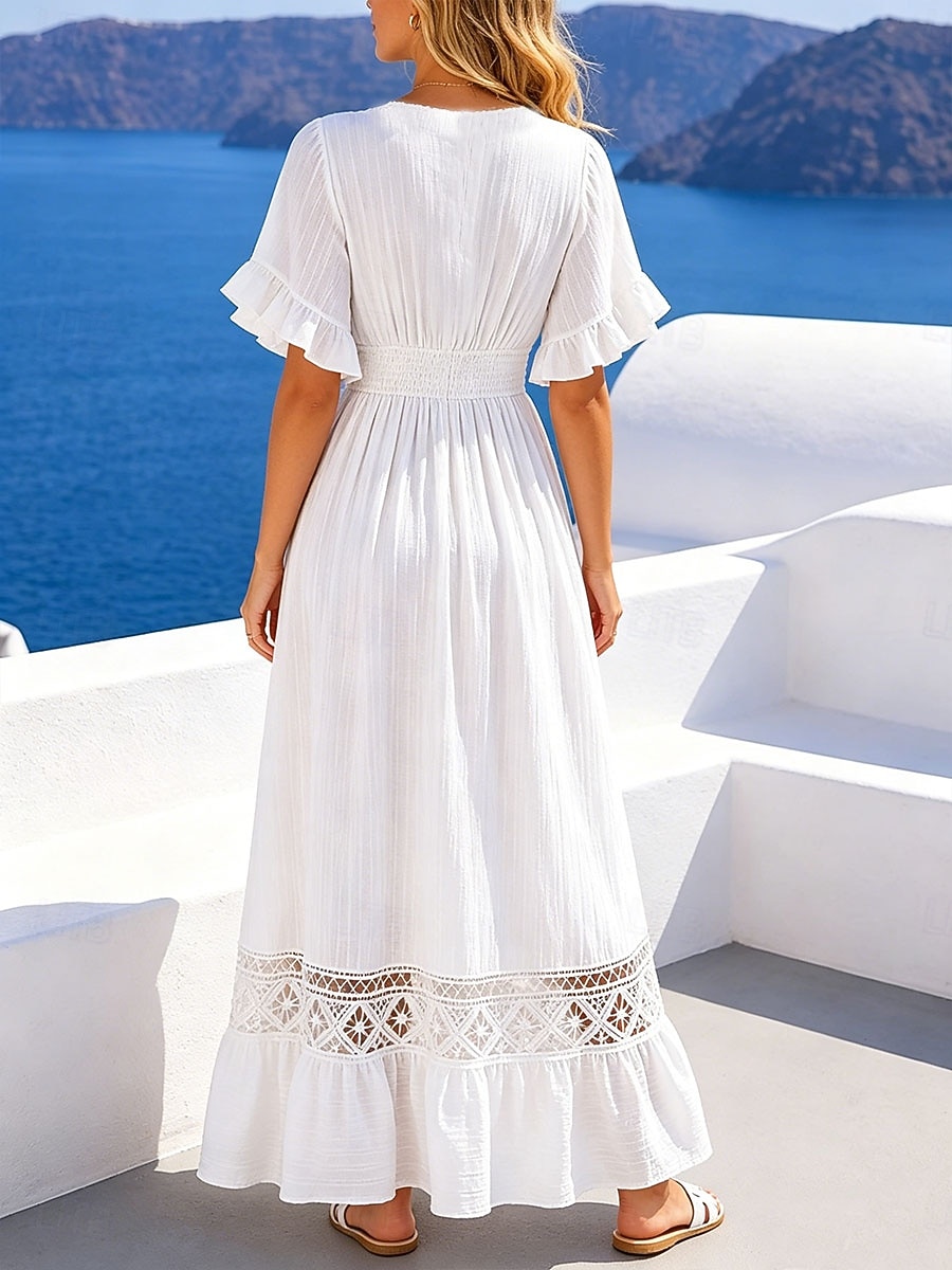 Women's Maxi Dress Sundress Casual Dress Vacation Casual Boho Beach Party Date Regular Fit Plain Short Sleeve V Neck White Summer Spring 2026 - $39.99 –P2