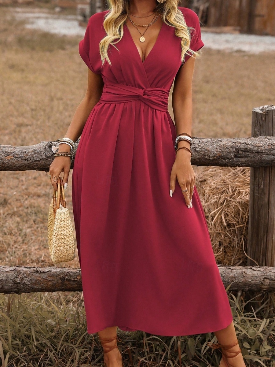 Per donna Abito Midi Abito a trapezio Abito Estivo Casual Quotidiano Vestibilità regolare Semplice Manica Corta Scollo a V Nero Rosso Marrone chiaro Verde scuro Estate Primavera del 2026 a $34.99 –P2