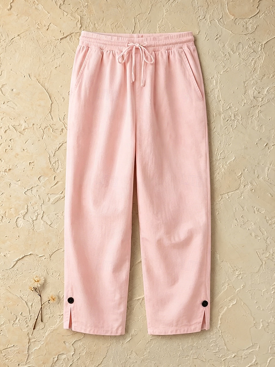 Women's Cotton Linen Shorts Capri Pants Slacks Summer Shorts Casual Calf-Length Natural Plain Pocket Elastic Drawstring Design Comfy Outdoor Outdoor Going out Light Pink Orange red White Pink Summer 2026 - $25.99 –P7