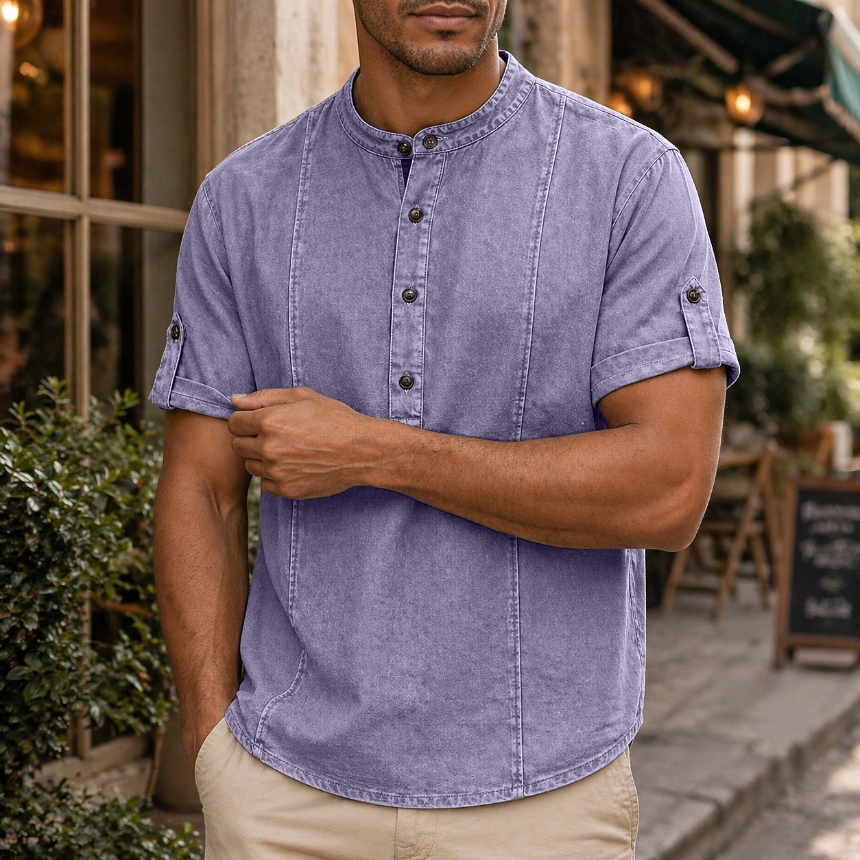 Herr Skjorta Popover skjorta Casual skjorta Färgade plagg Syratvättad skjorta Svart Marinblå Purpur Militärgrön Grå Kortärmad Slät farfars krage Ledigt Dagligen Kläder Elegant Mode Ledigt 2026 - $31.99 –P5