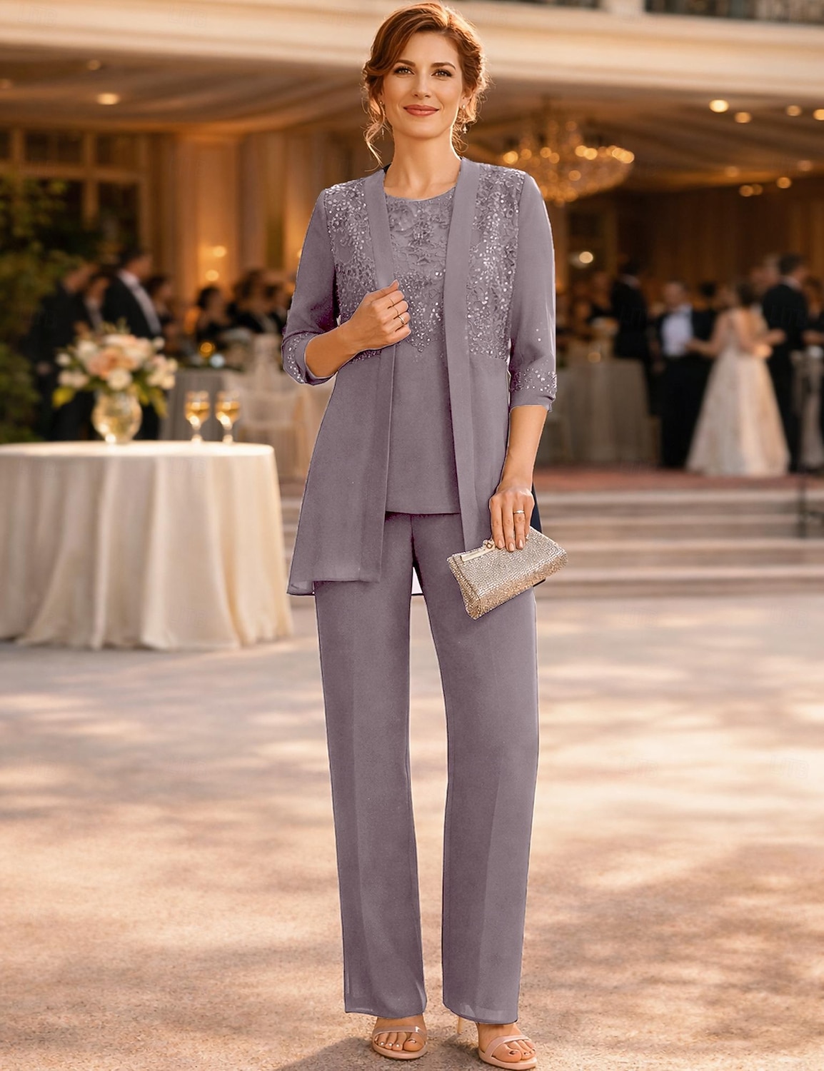 Ensemble pantalon robe mère de la mariée longueur de cheville manches ¾ col ras du cou élégante vintage formelle invité au mariage avec couleur unie de 2026 ? $183.99 –P4