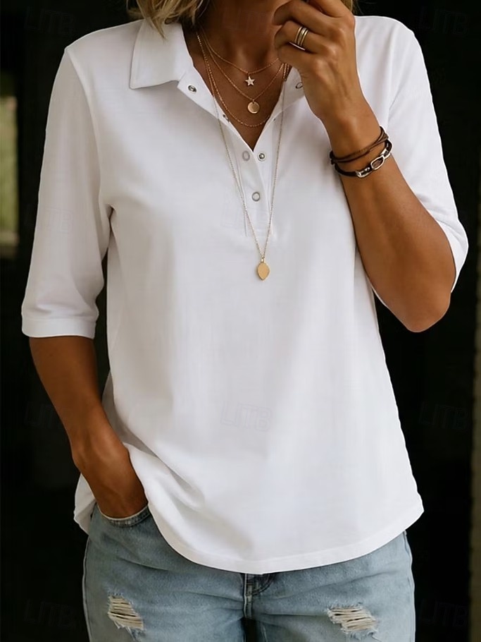 Women's Blouse Buttons Solid Color Elegant Vacation Daily Half Sleeve Turndown Shirt Collar Long Tops Casual Daily Going out White Yellow Sky Blue Green Summer Spring 2026 - $28.99 –P1