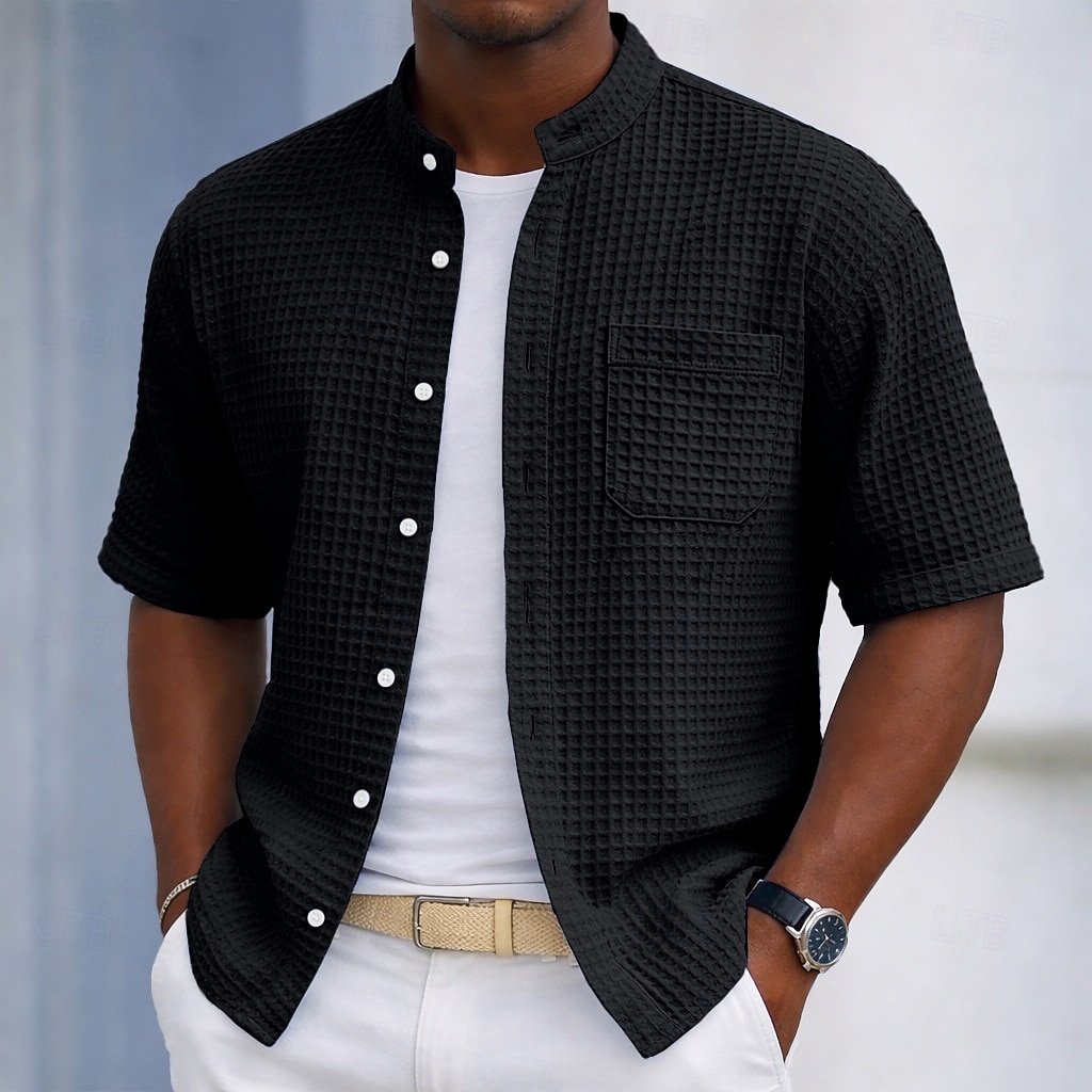 Men's Shirt Waffle Shirt Casual Shirt Button Up Shirt Black Light Green Navy Blue Purple Military Green Short Sleeve Plain Grandad Collar Casual Daily Front Pocket Clothing Apparel Elegant Fashion 2026 - $28.99 –P6