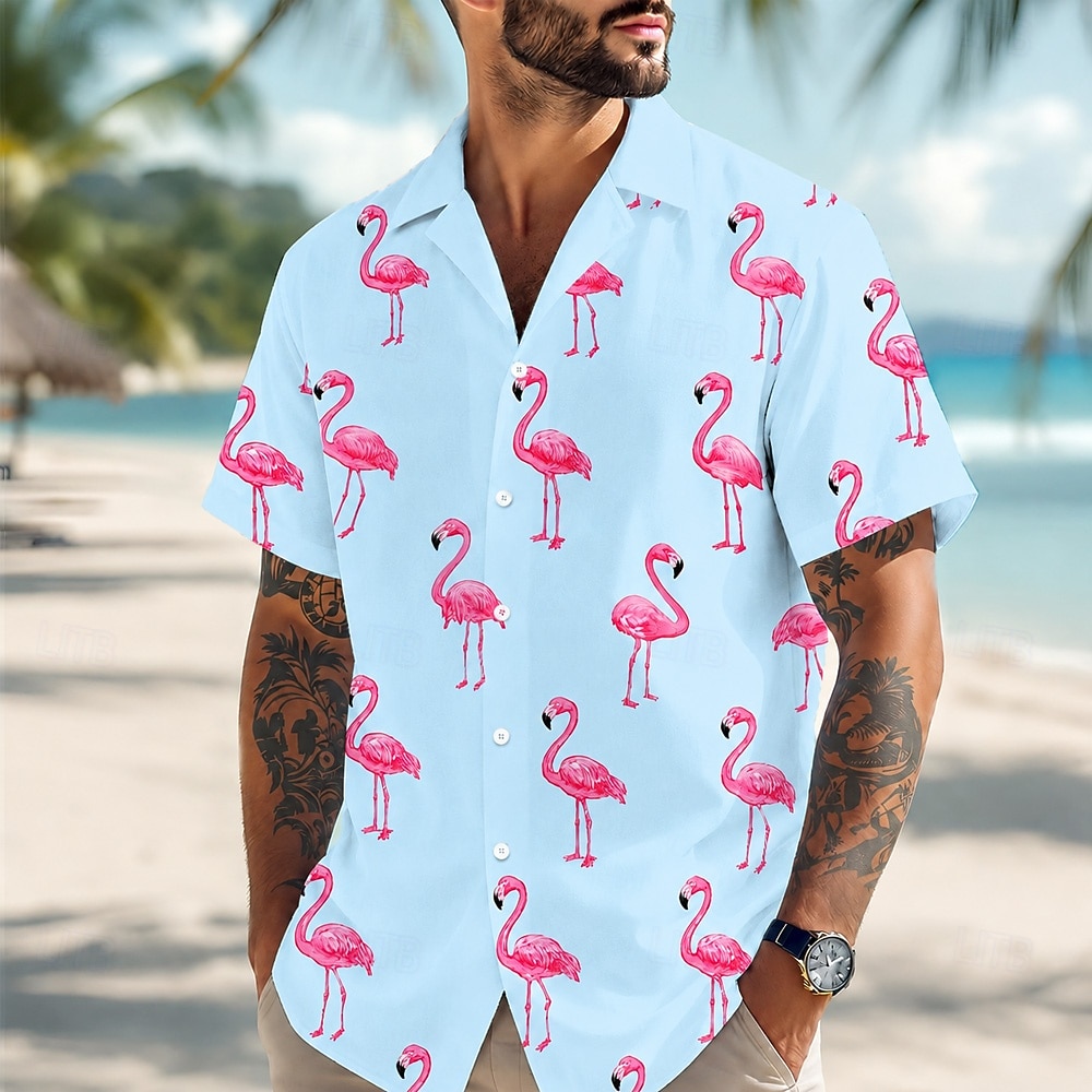 Voor heren Flamingo Hawaiiaans overhemd Tropische shirts Aloha-shirt Korte mouw Hawaii Dagelijks Strandvakantie Zomer Lente Strijkijzer 3D-afdrukken Overhemden met knoopjes blauw Blozend Roze Groen 2026 - $25.99 –P1