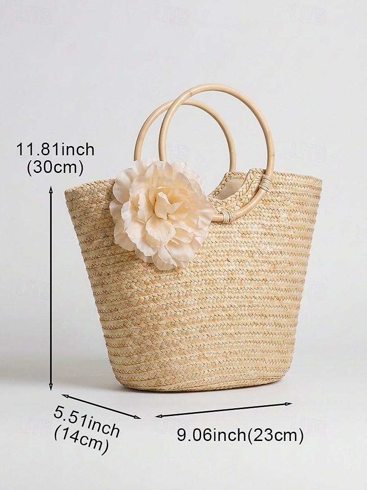 Women's Bohemian Woven Tote Bag, Multi Color Large Capacity Zipper Handbag with Ring Handles and 3D Flower for Beach Vacation, Daily Casual Wear 2026 - $19.99 –P12