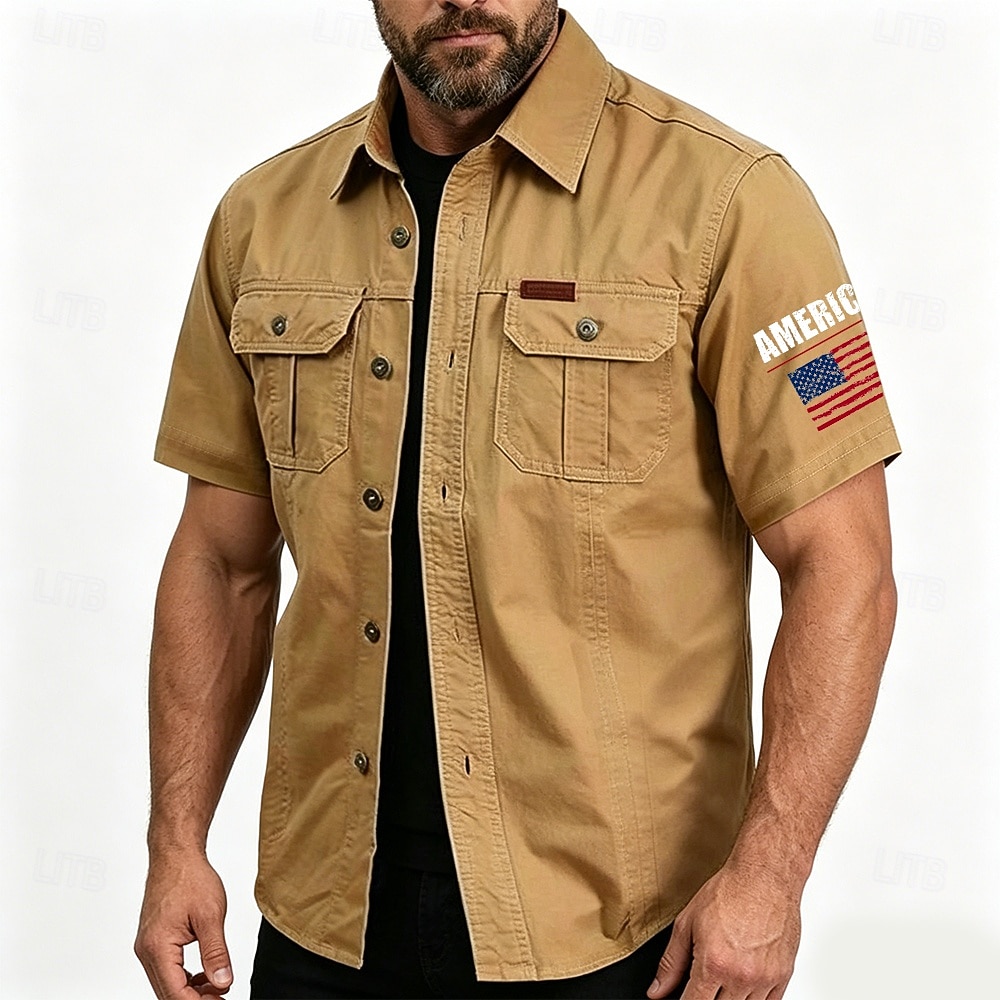 Hombre 4 de julio, 250 aniversario de Estados Unidos Bandera estadounidense Camisa de trabajo de algodón camisa occidental Camisa cargo Manga Corta ejército militar Patriótico Casual Para trabajo 2026 - $27.99 –P1