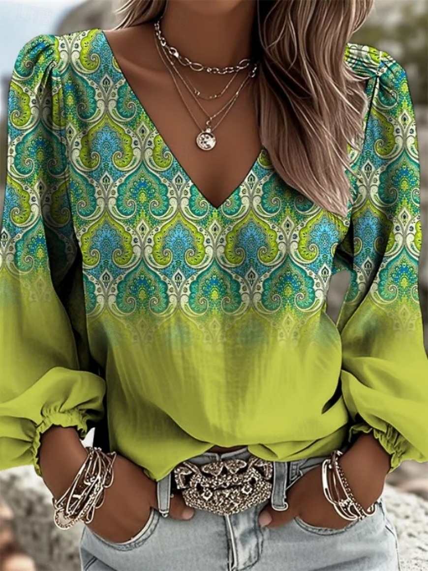 Women's Shirt Graphic Geometric Paisley Bohemia Vacation Vintage Long Sleeve V Neck Long Tops Casual Daily Holiday Blue Purple Orange Green Summer Spring Fall Winter 2026 - $32.99 –P4