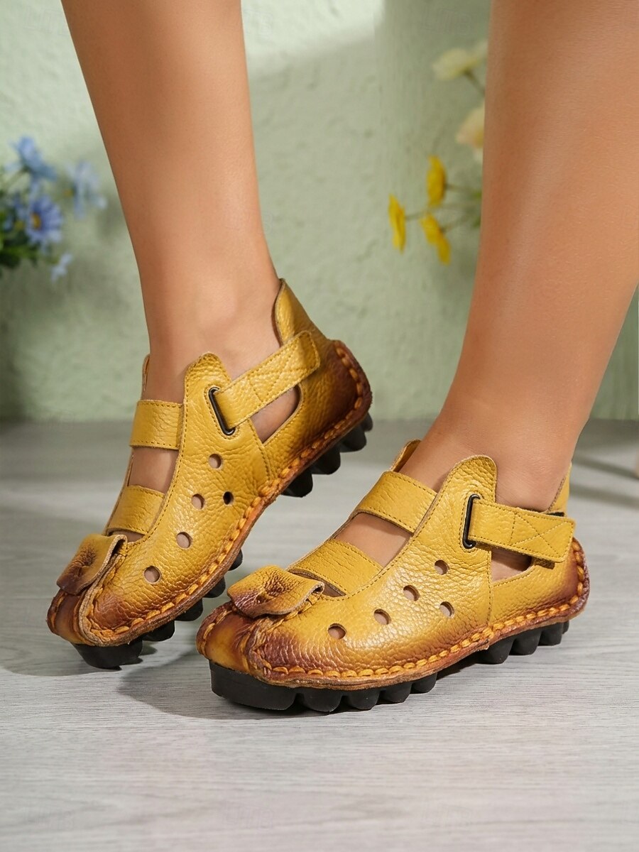 Women's Yellow Genuine Leather Closed Toe Sandals - Breathable Cutout Comfort Shoes with Magic Tape Strap for Walking, Travel, Daily Wear & Outdoor 2026 - $46.99 –P2