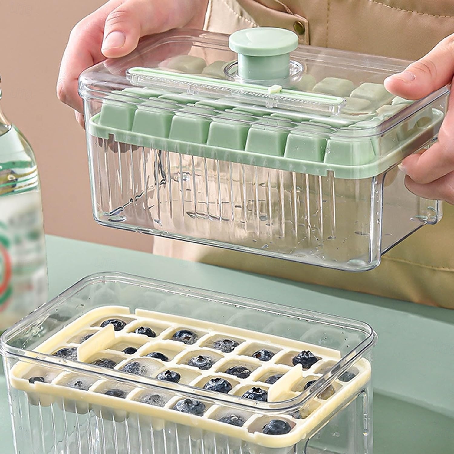 Bandeja para cubitos de hielo de 28/56 compartimentos con tapa y un solo botón. &Contenedor, máquina para hacer cubitos de hielo de fácil extracción con cuchara &Recipiente de almacenamiento, molde de 2026 - $11.99 –P7