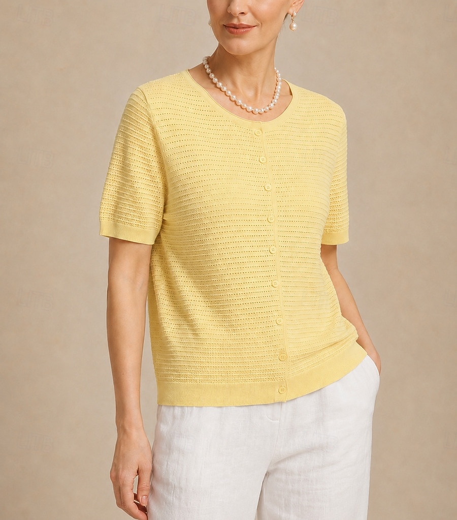 Per donna Top traforato Maglietta Tinta unica Elegante Casual Manica Corta Girocollo Top lunghi Casuale Giallo Arancione Beige Estate Primavera del 2026 a $35.99 –P4