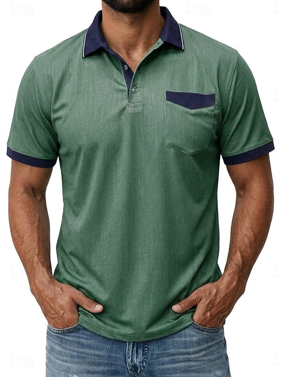 Bărbați Tricouri polo Camasa de blugi Casual Stradă Rever Guler polo cu nervuri Manșon scurt De Bază Modern Simplu Buzunar Bloc de Culoare Vară Primăvară Fit regulat Albastru piscină Negru 2026 - $29.99 –P8