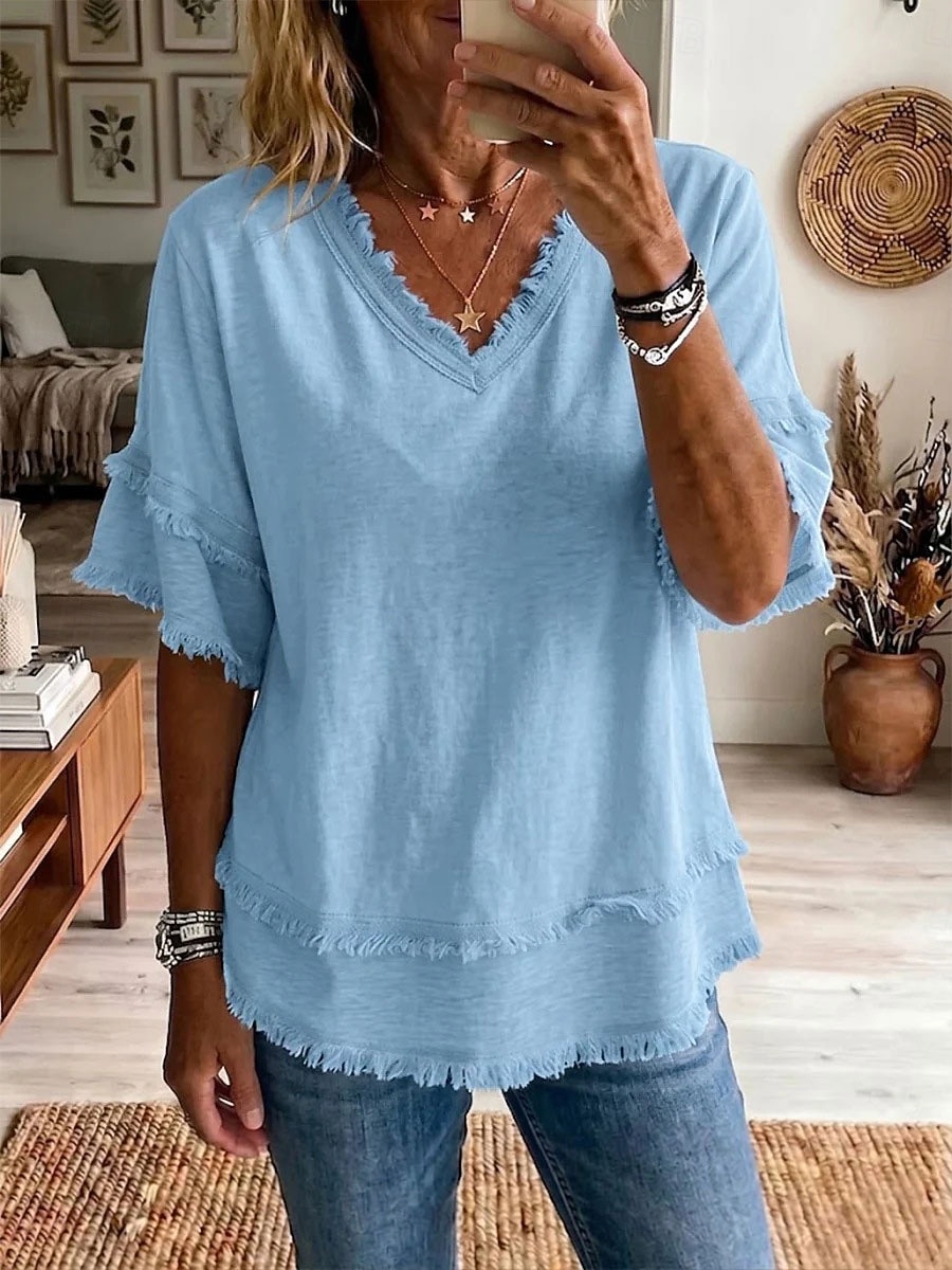 Dame Bluse Helfarge Årgang Stilfull Grunnleggende Kortermet V-hals Vanlige topper Avslappet Daglig Blå Svart Hvit Gul Rosa Sommer Vår 2026 - $27.99 –P6