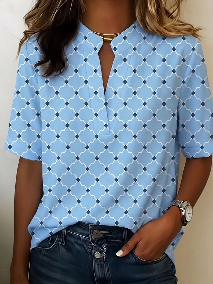 Damen Bluse Knöpfe Druck Grafik Geometrisch Vintage Stilvoll Modern Kurzarm Hemdkragen Normale Oberteile Lässig Täglich Blau Gelb Rosa Grün Sommer Frühling 2026 - $21.99 –P1