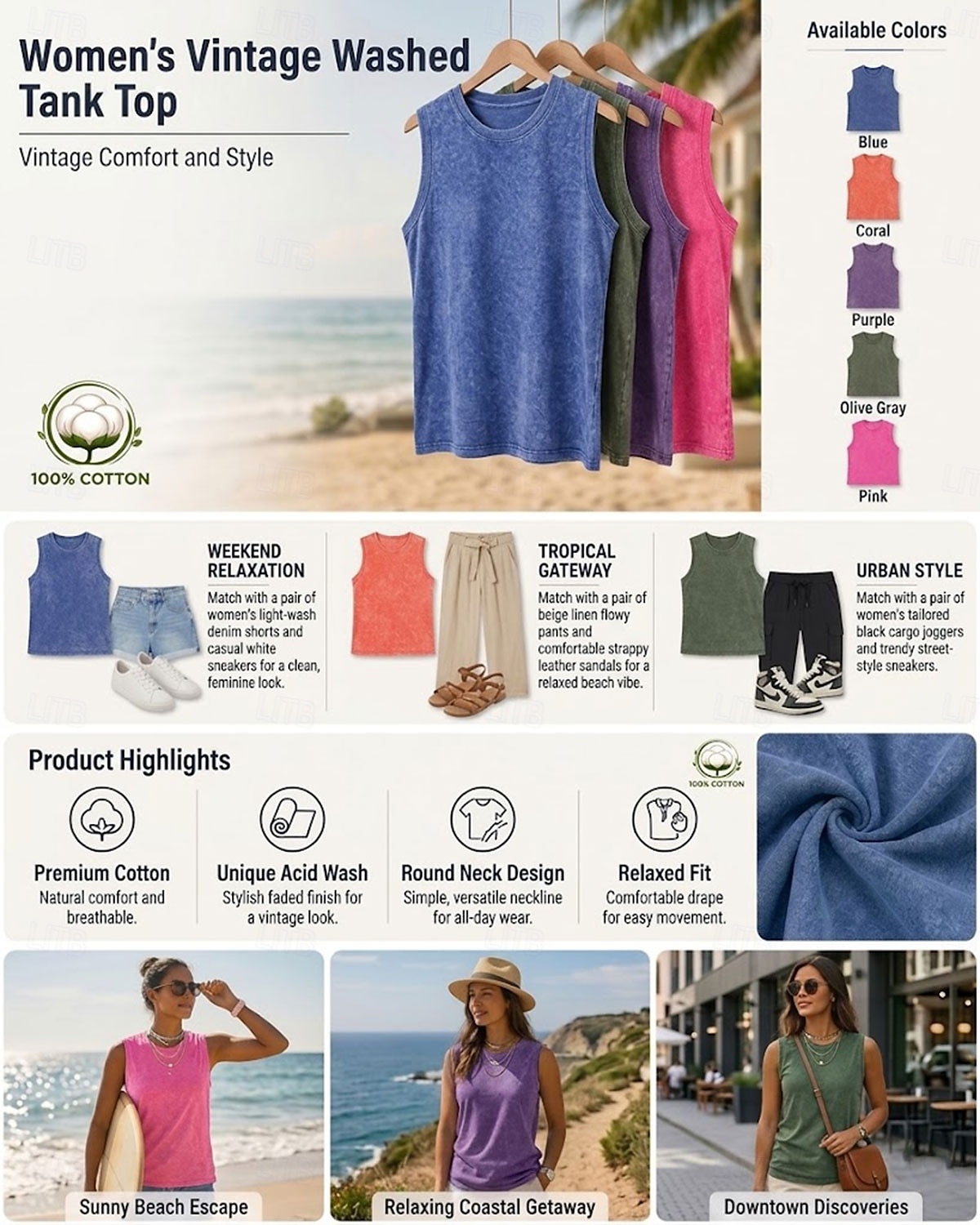 SoftFade™ Women's Vintage 100% Cotton Tank Top - Soft Washed Sleeveless Basic Tops 2026 - $21.99 –P1