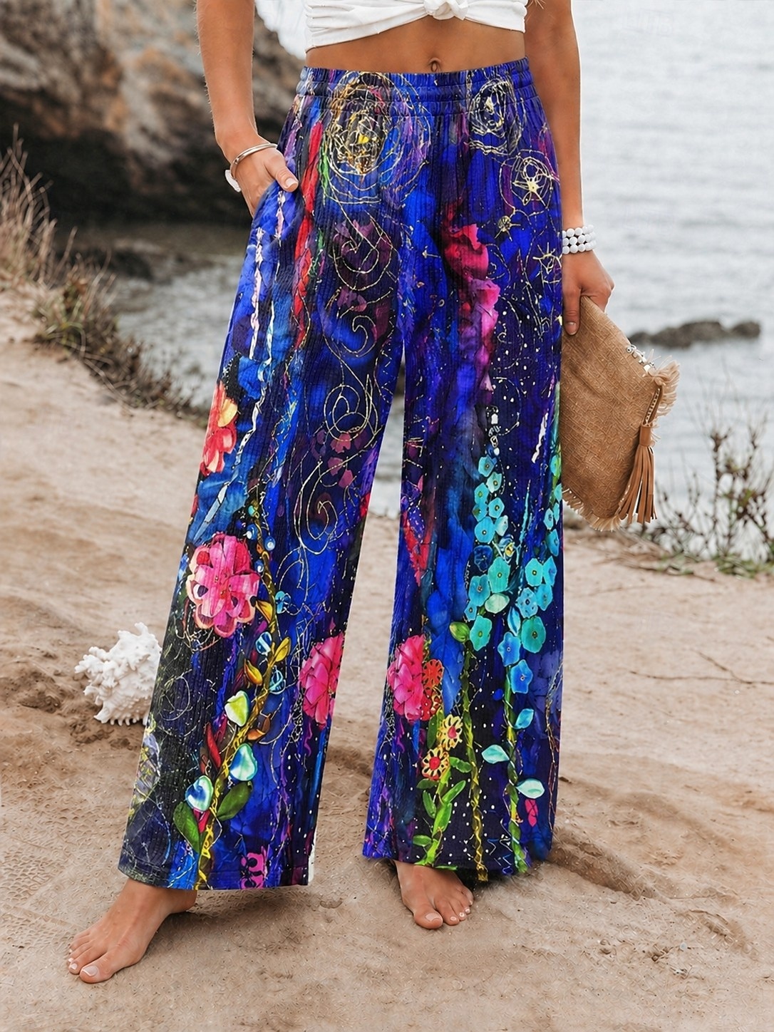 Women's Waffle Wide Leg Vacation Basic Full Length Mid Waist Print Comfort Stretchy Vacation Formal Street Blue Summer Spring Loose Fit 2026 - $26.99 –P1
