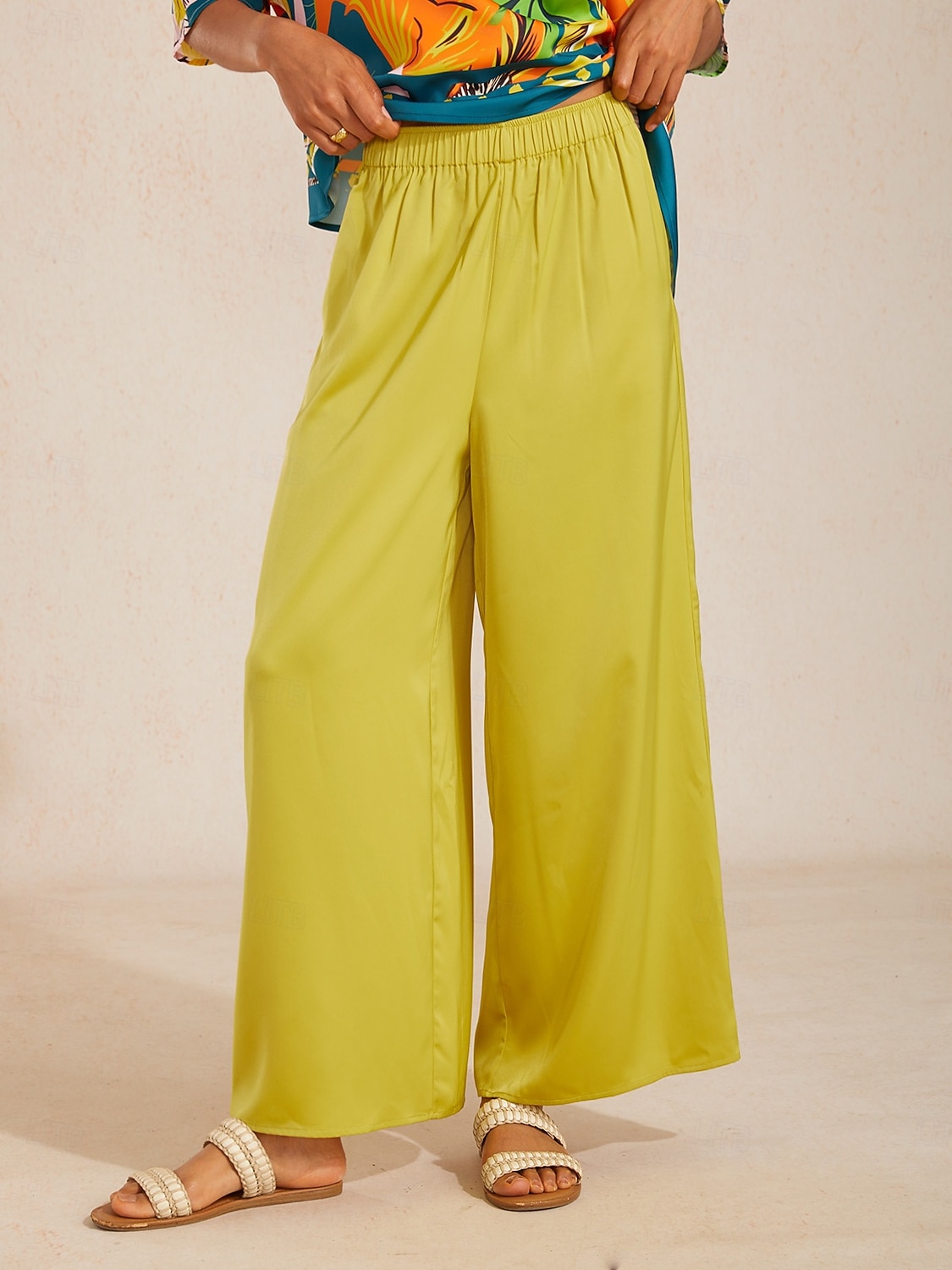 pantalon large jaune en satin soyeux de 2026 ? $69.99 –P4